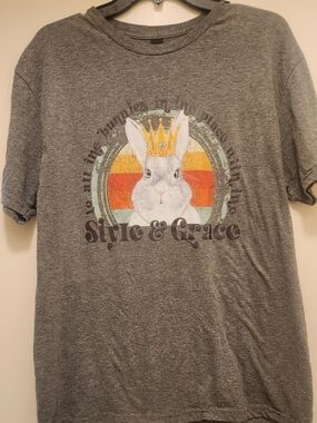 Gildan Softstyle Heather Gray "Style & Grace" Bunny Casual Tee, Large